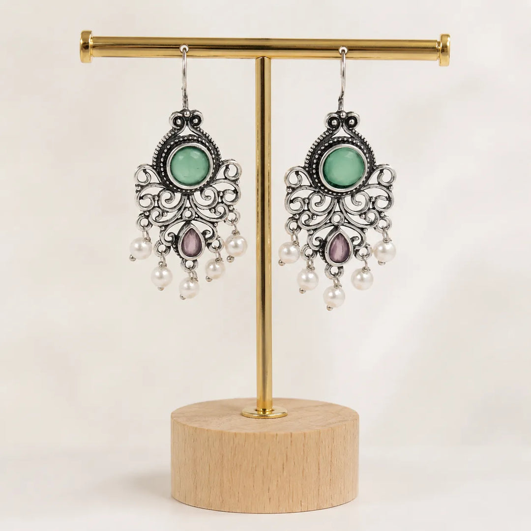 Oxidised Filigree Chandelier Pearl Drop Earrings