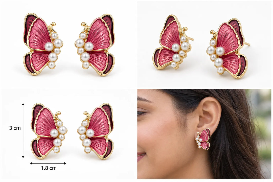 Ruvique Butterfly Pearl Enamel Stud Earrings