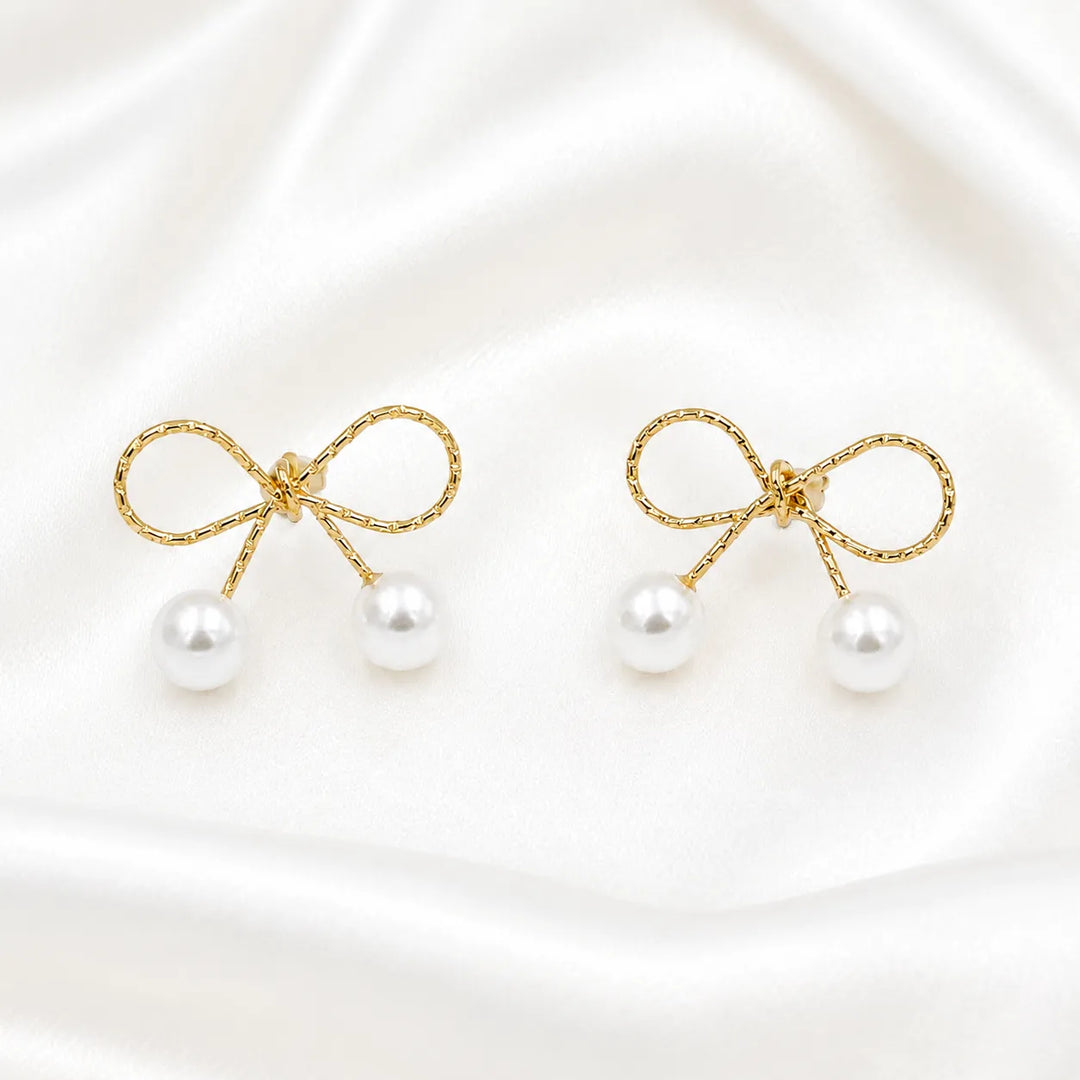 Gold Bow Double Pearl Drop Earrings