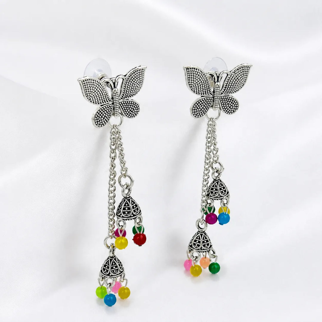 Oxidised Butterfly Chain Jhumka Earrings