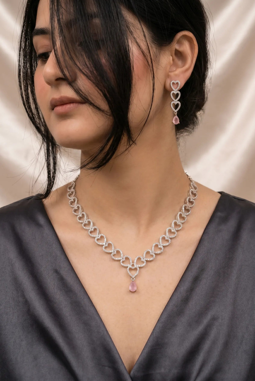 Linked Hearts Pink Drop Necklace Set