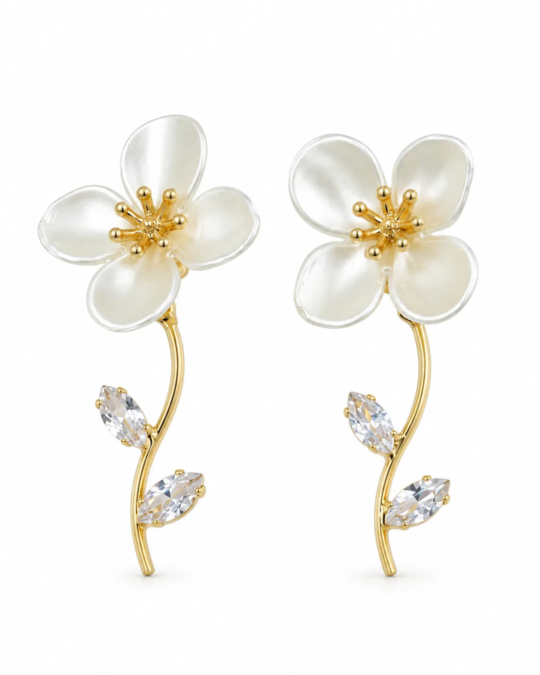 Ruvique White Flower Gold Stem CZ Leaf Earrings