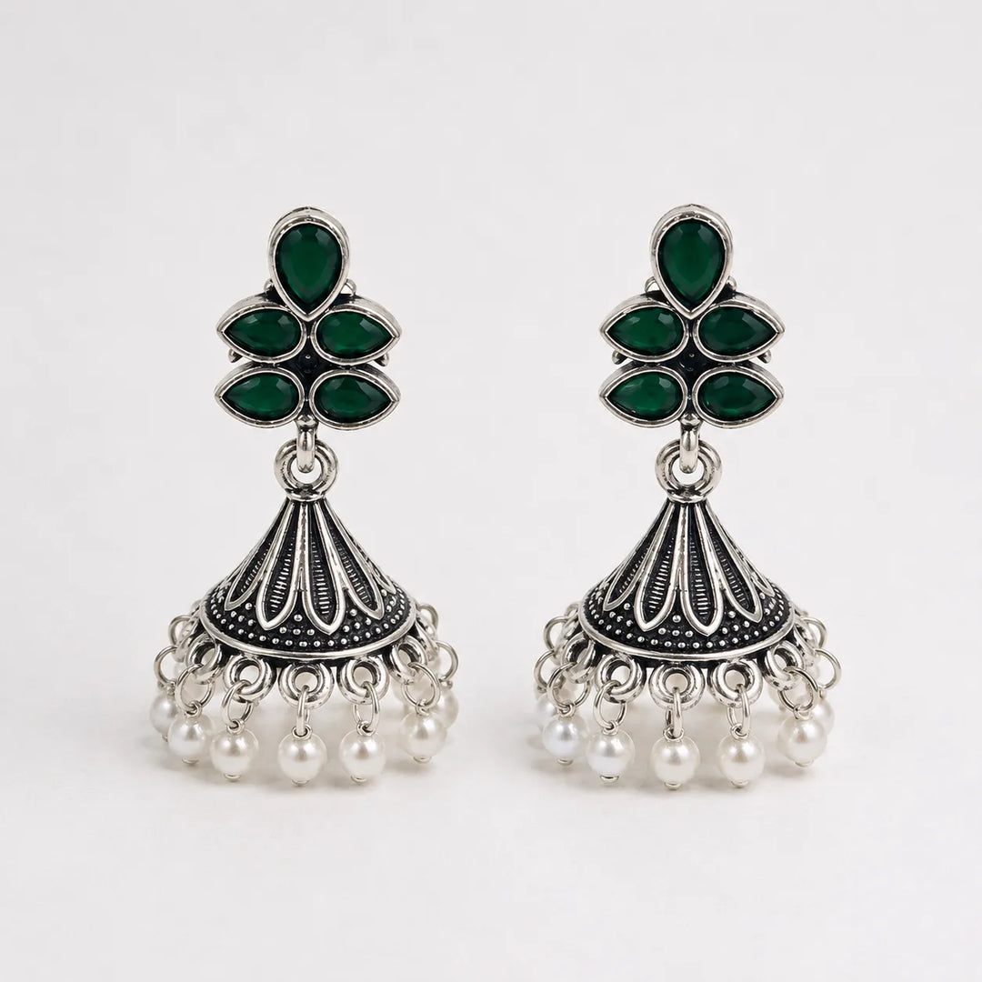 Oxidised Floral Top Bell Jhumka with Pearl Drops