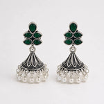 Load image into Gallery viewer, Oxidised Floral Top Bell Jhumka with Pearl Drops
