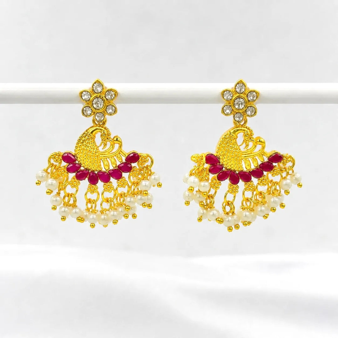 Peacock Ruby Pearl Drop Earrings