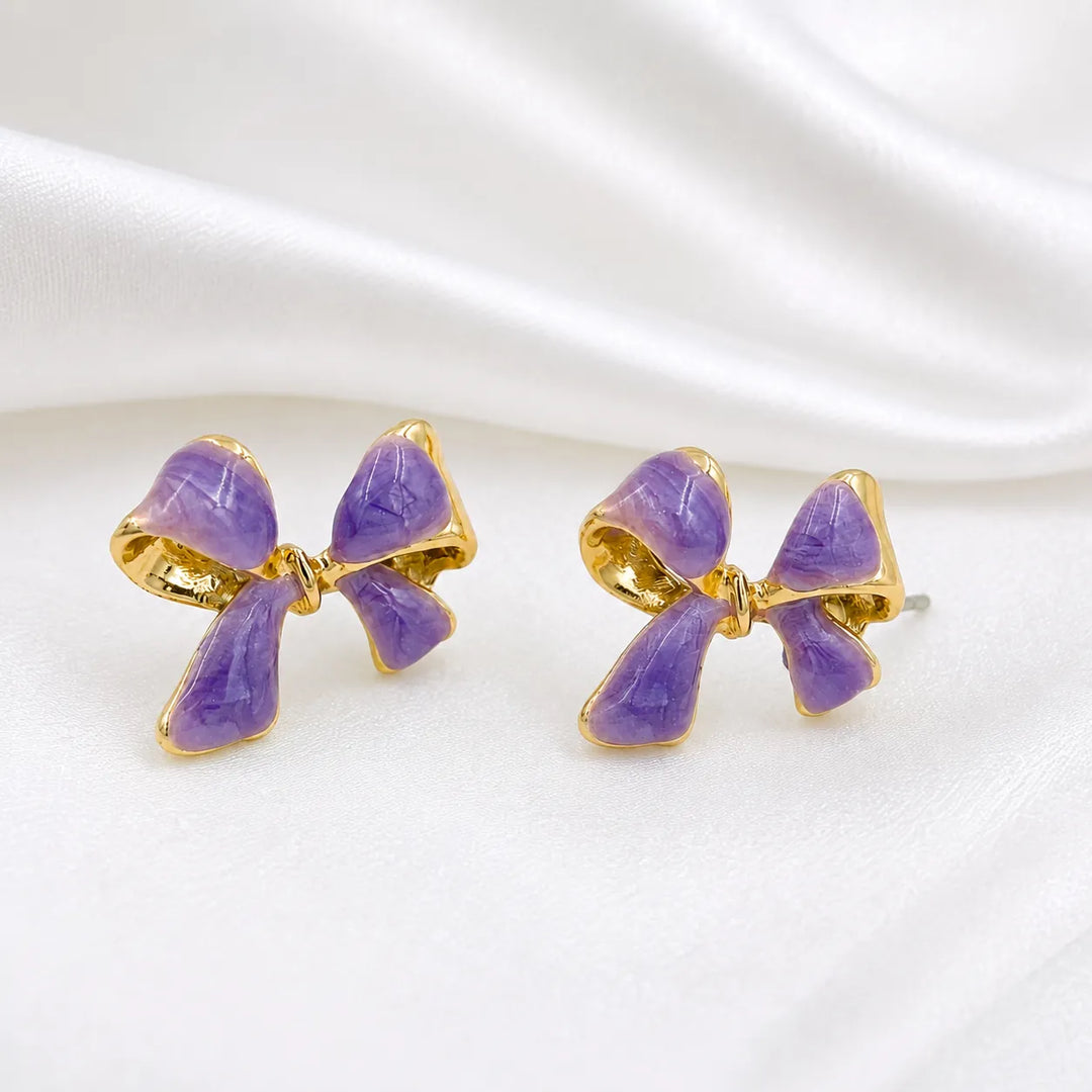 Lavender Bow Gold Rim Stud Earrings