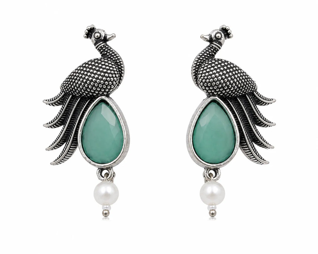 Oxidised Peacock Stone Pearl Drop Earrings