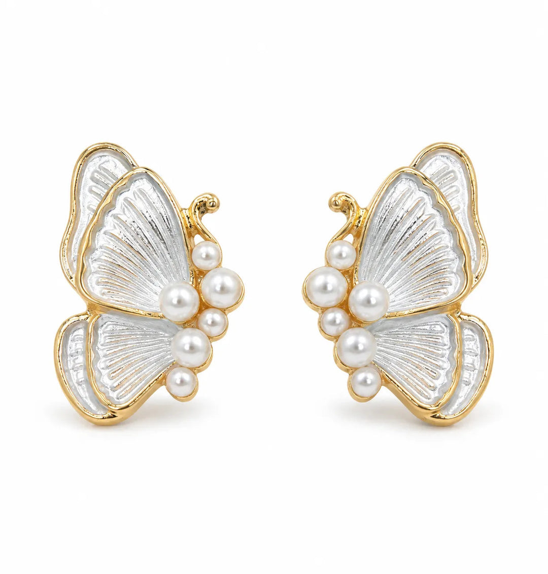Ruvique Butterfly Pearl Enamel Stud Earrings – White Pearl White variant