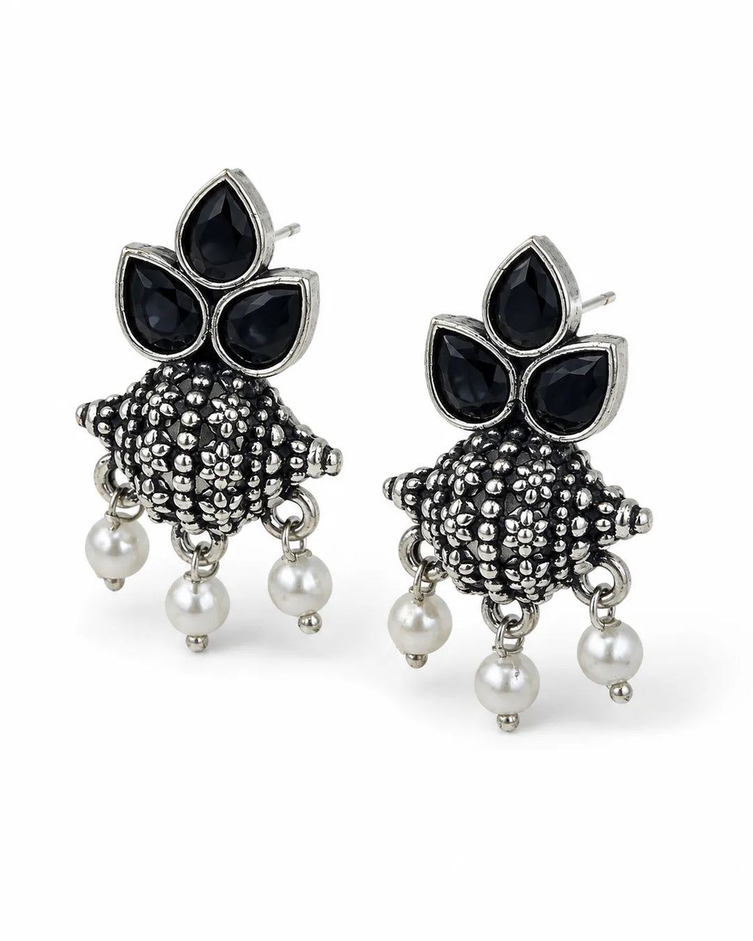 Oxidised Tri-Petal Dome Jhumka with Pearl Drops