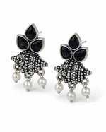 Load image into Gallery viewer, Oxidised Tri-Petal Dome Jhumka with Pearl Drops
