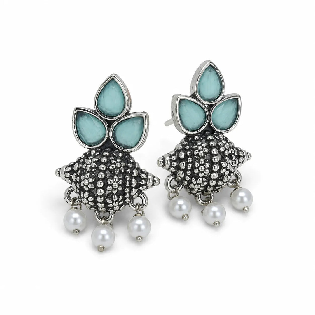 Oxidised Tri-Petal Dome Jhumka with Pearl Drops