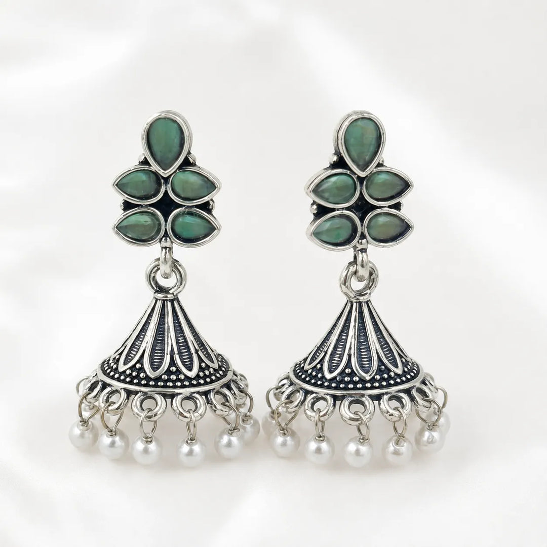 Oxidised Floral Top Bell Jhumka with Pearl Drops