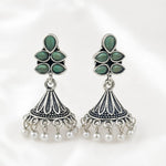 Load image into Gallery viewer, Oxidised Floral Top Bell Jhumka with Pearl Drops
