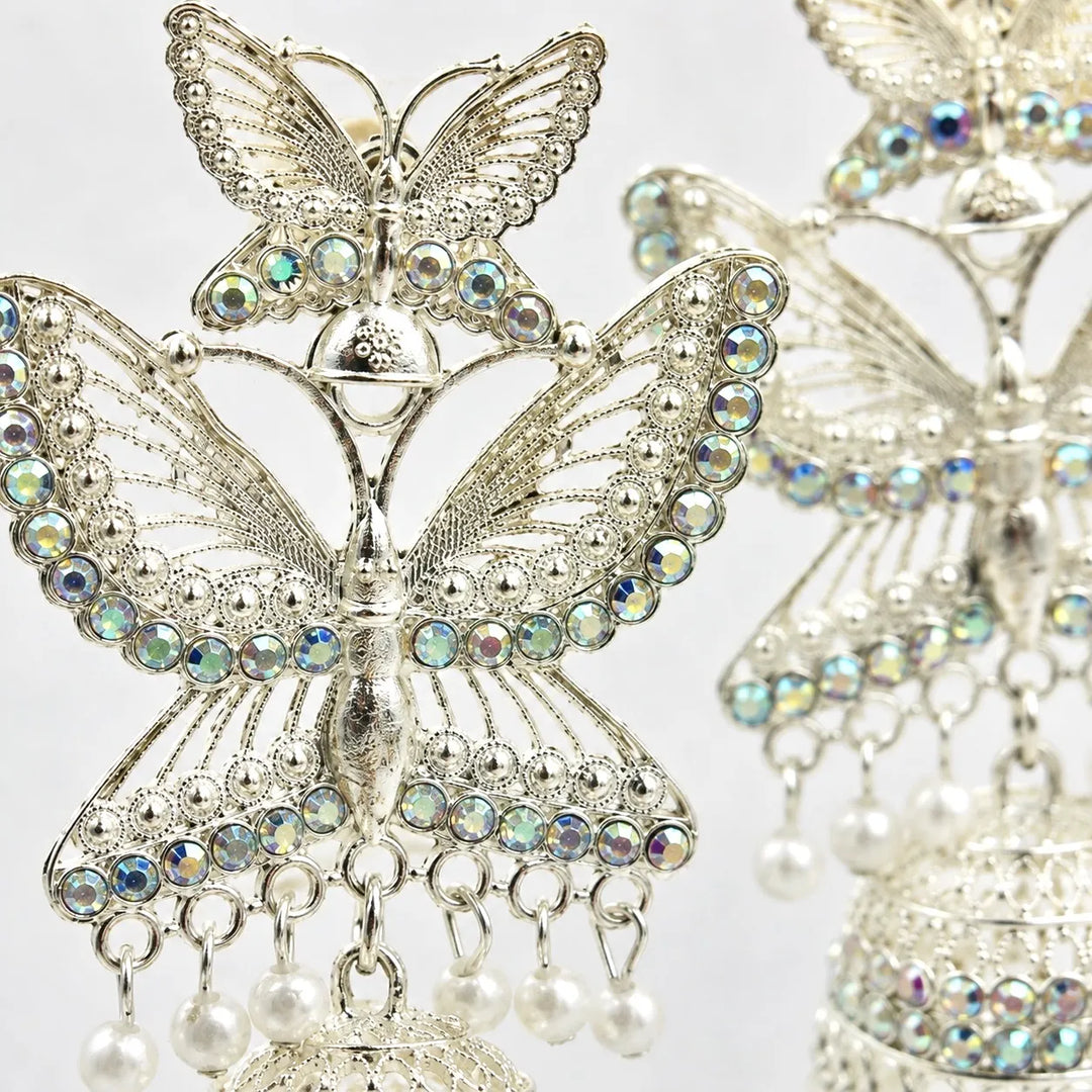Silver Crystal Butterfly Jhumka Earrings