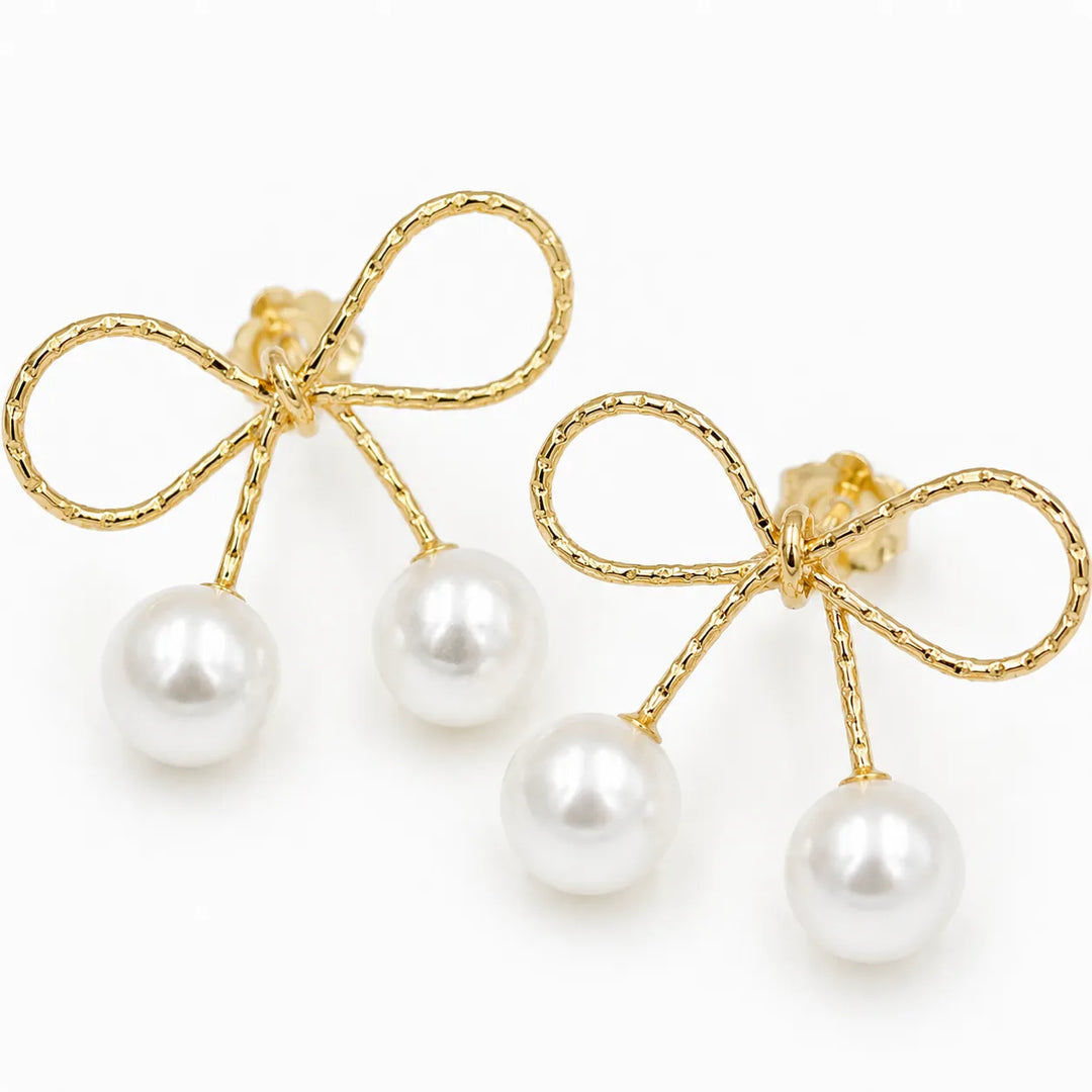Gold Bow Double Pearl Drop Earrings