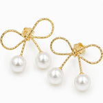 Load image into Gallery viewer, Gold Bow Double Pearl Drop Earrings
