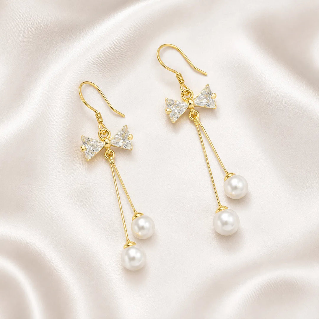 Crystal Bow Pearl Drop Earrings