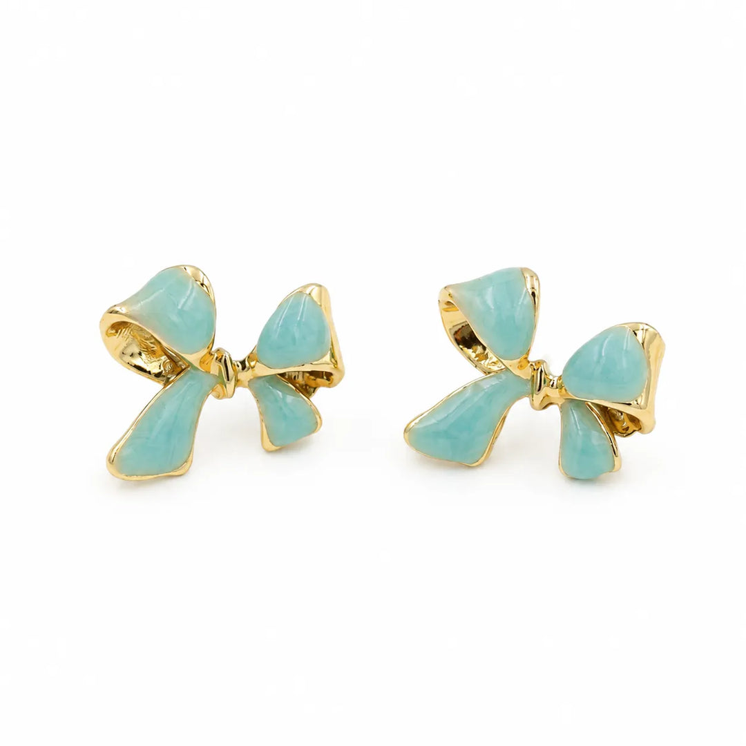 Aqua Bow Gold Rim Stud Earrings