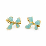 Load image into Gallery viewer, Aqua Bow Gold Rim Stud Earrings
