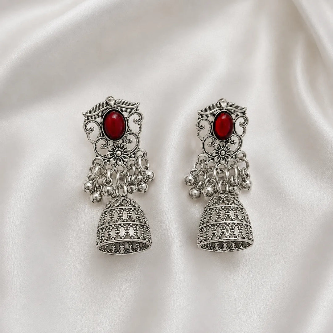 Red Stone Oxidised Filigree Jhumka Earrings