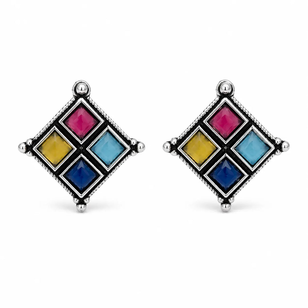 Oxidised Diamond Grid Square Stone Stud Earrings