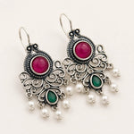 Load image into Gallery viewer, Oxidised Filigree Chandelier Pearl Drop Earrings
