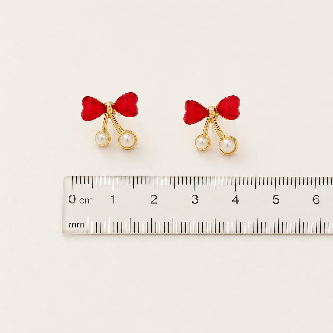 Crimson Bow Pearl Drop Studs