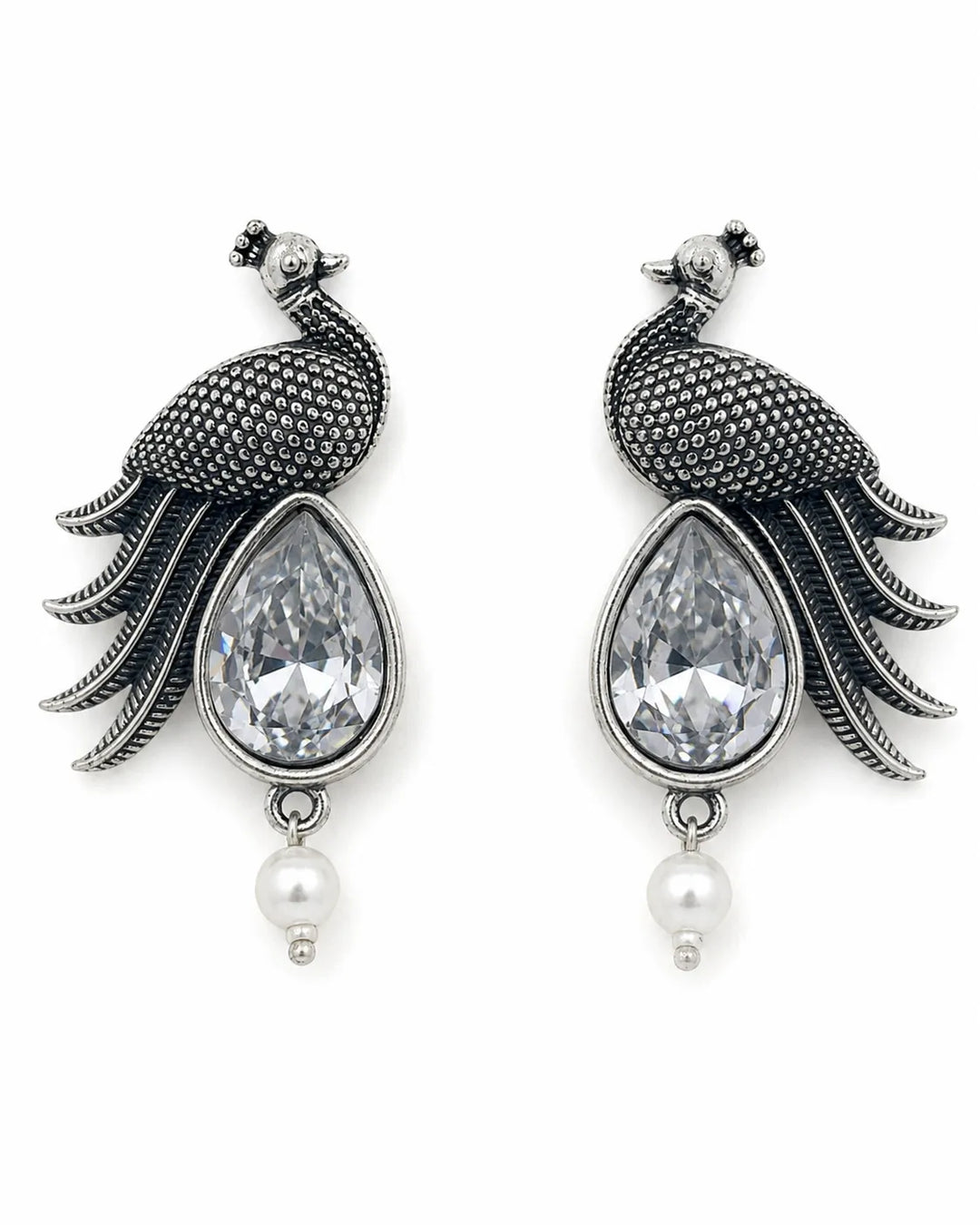 Oxidised Peacock Stone Pearl Drop Earrings
