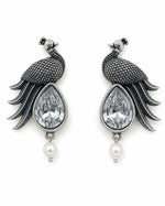 Load image into Gallery viewer, Oxidised Peacock Stone Pearl Drop Earrings
