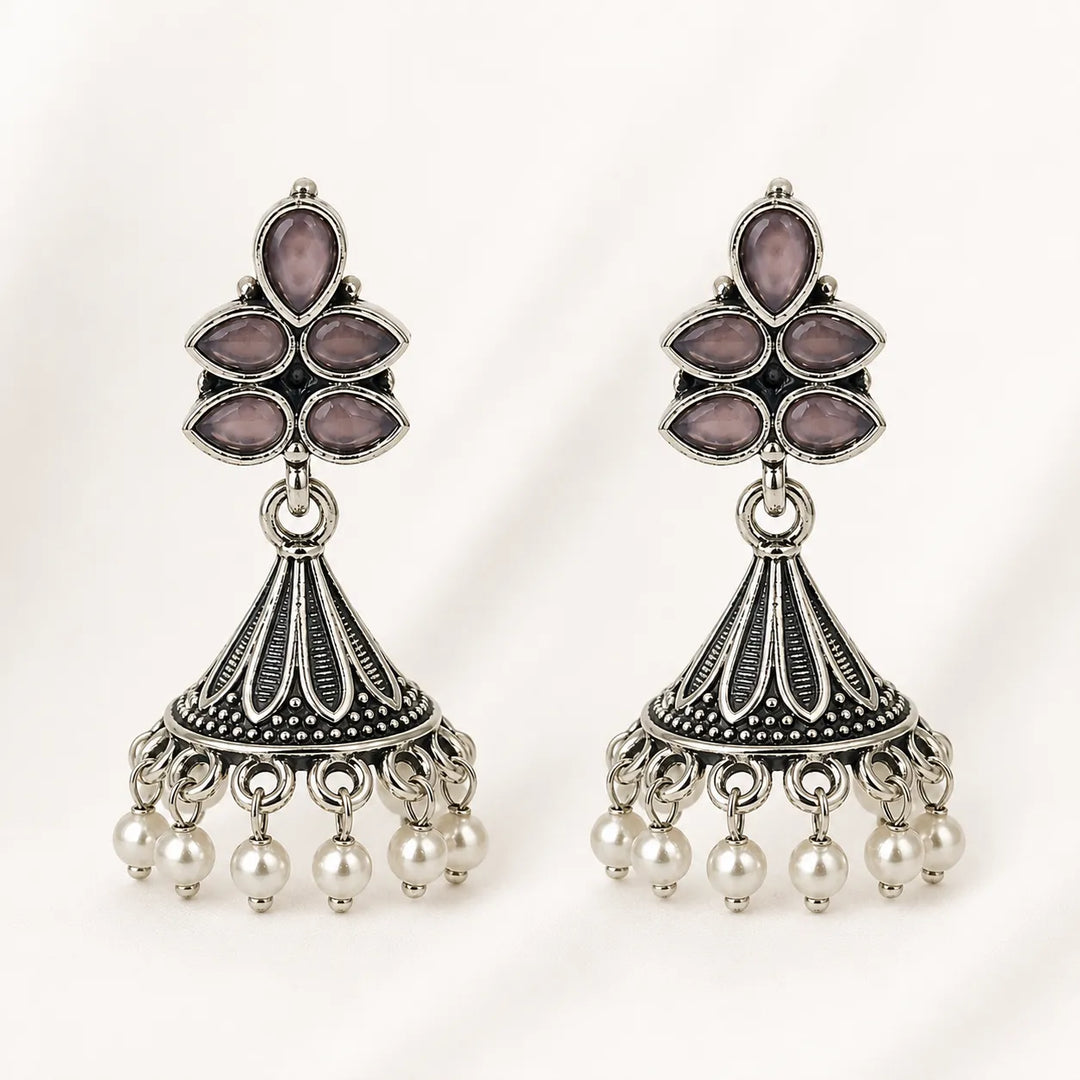 Oxidised Floral Top Bell Jhumka with Pearl Drops
