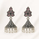 Load image into Gallery viewer, Oxidised Floral Top Bell Jhumka with Pearl Drops
