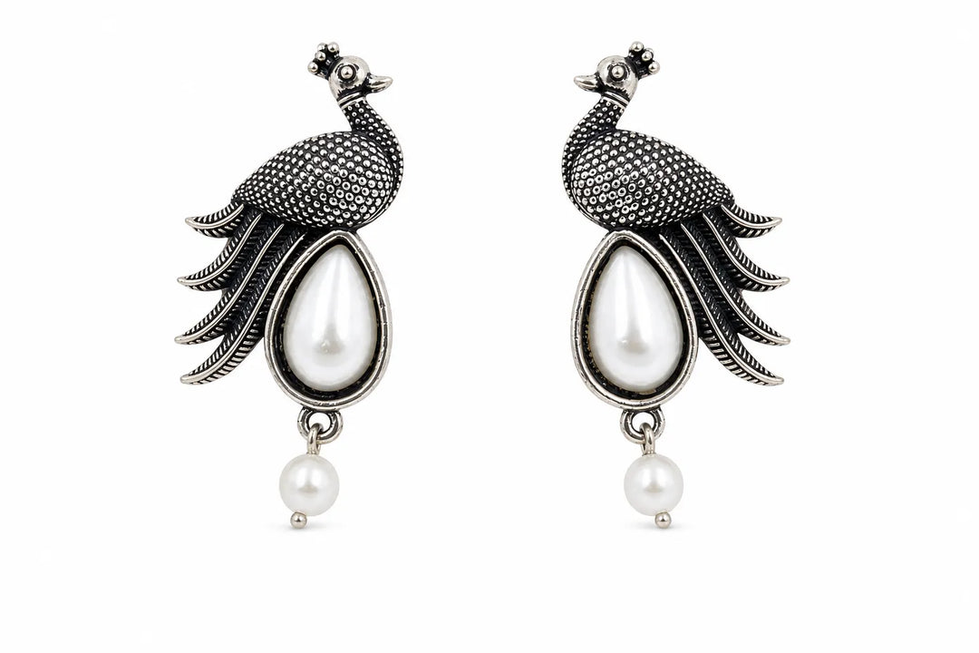 Oxidised Peacock Stone Pearl Drop Earrings