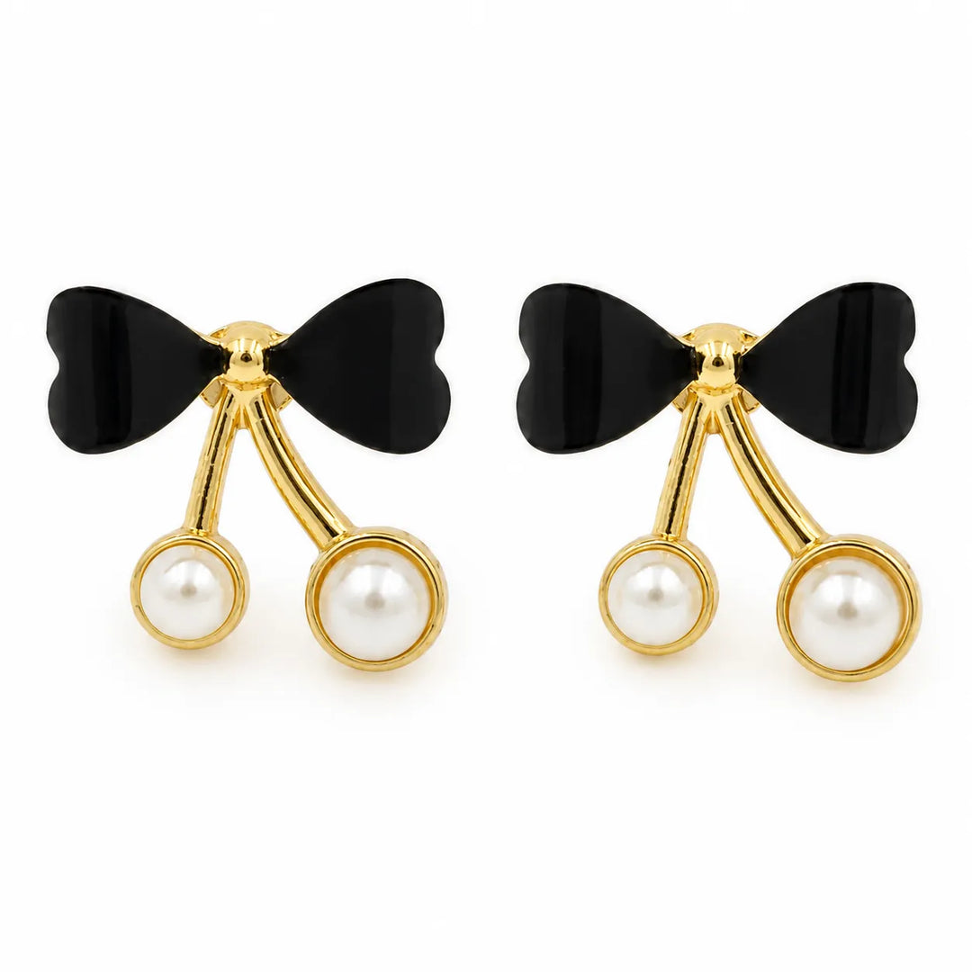 Black Bow Pearl Cherry Earrings