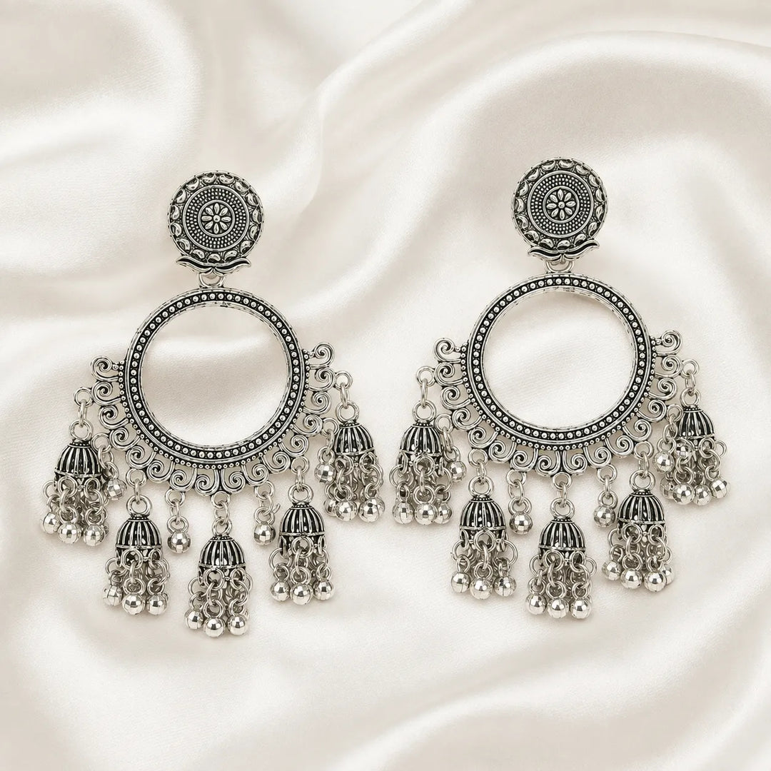 Silver Filigree Hoop Multi Jhumka Earrings