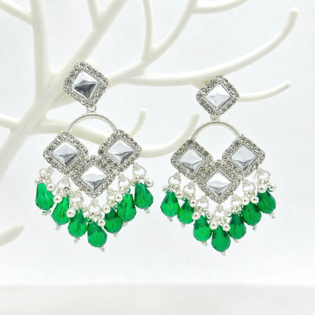 Kundan Square Emerald Bead Drop Earrings
