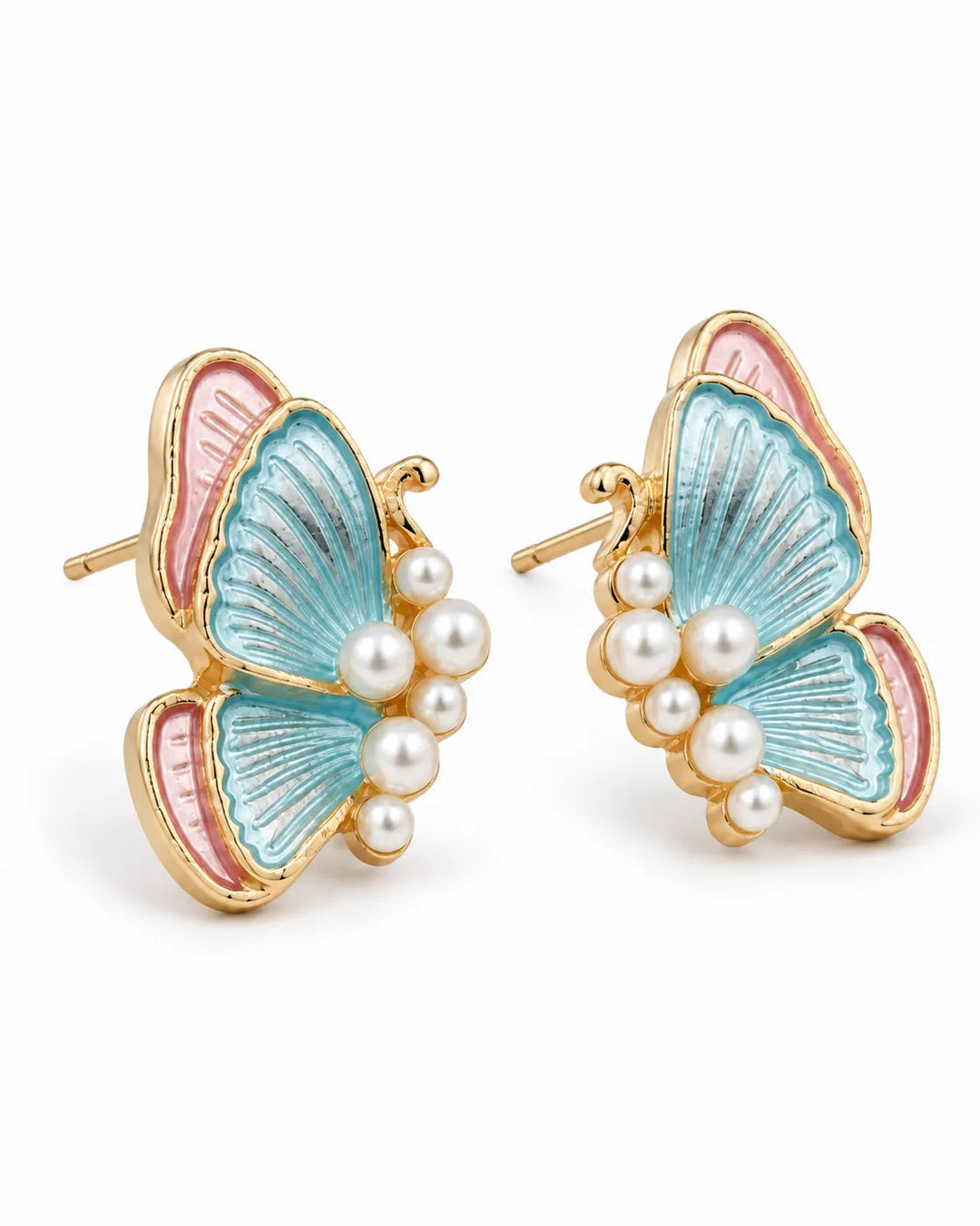 Ruvique Butterfly Pearl Enamel Stud Earrings – Aqua & Blush variant