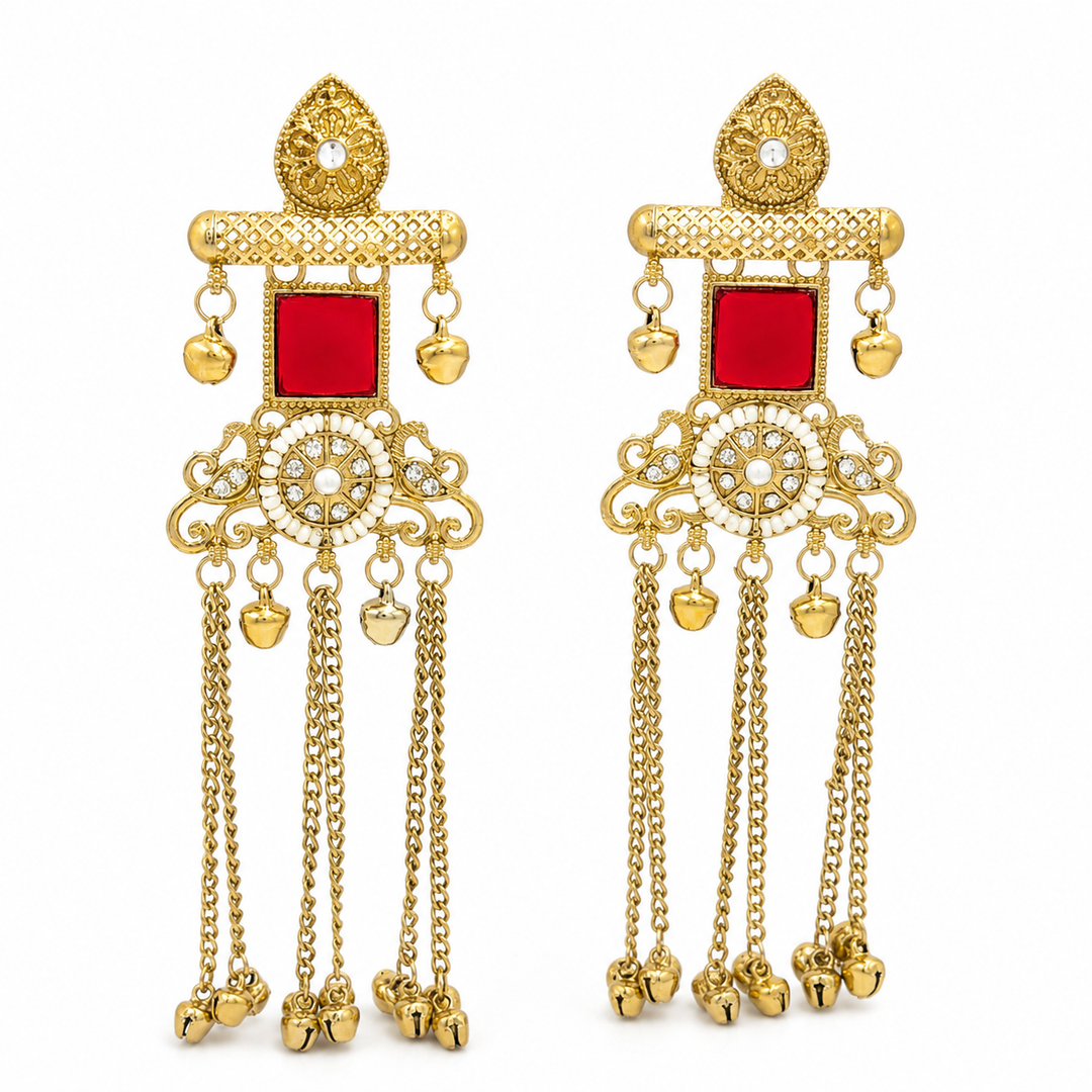 Rajwadi Red Stone Ghungroo Chain Earrings