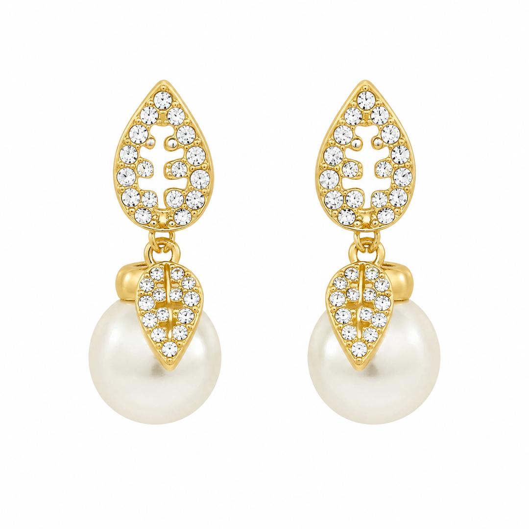Double Leaf Crystal Pearl Dangle Earrings