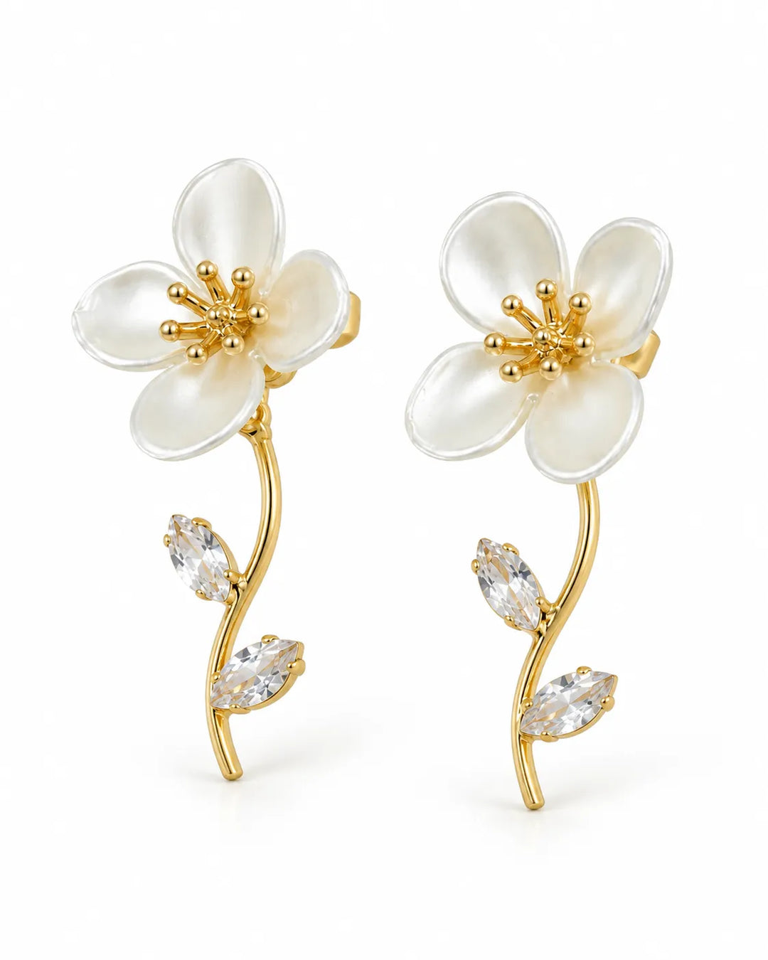 Ruvique White Flower Gold Stem CZ Leaf Earrings