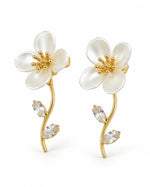Load image into Gallery viewer, Ruvique White Flower Gold Stem CZ Leaf Earrings
