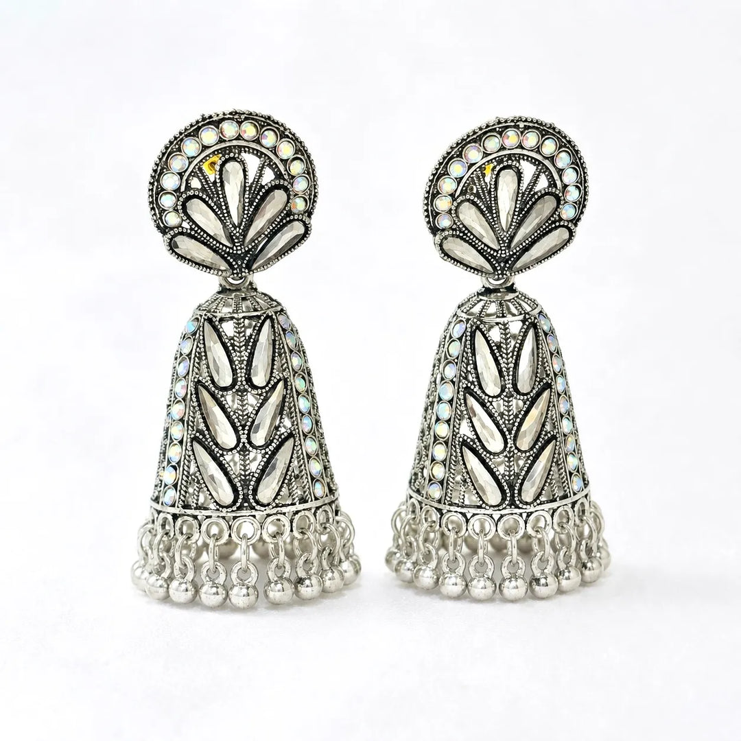 Mirror Stone Oxidised Jhumka Earrings
