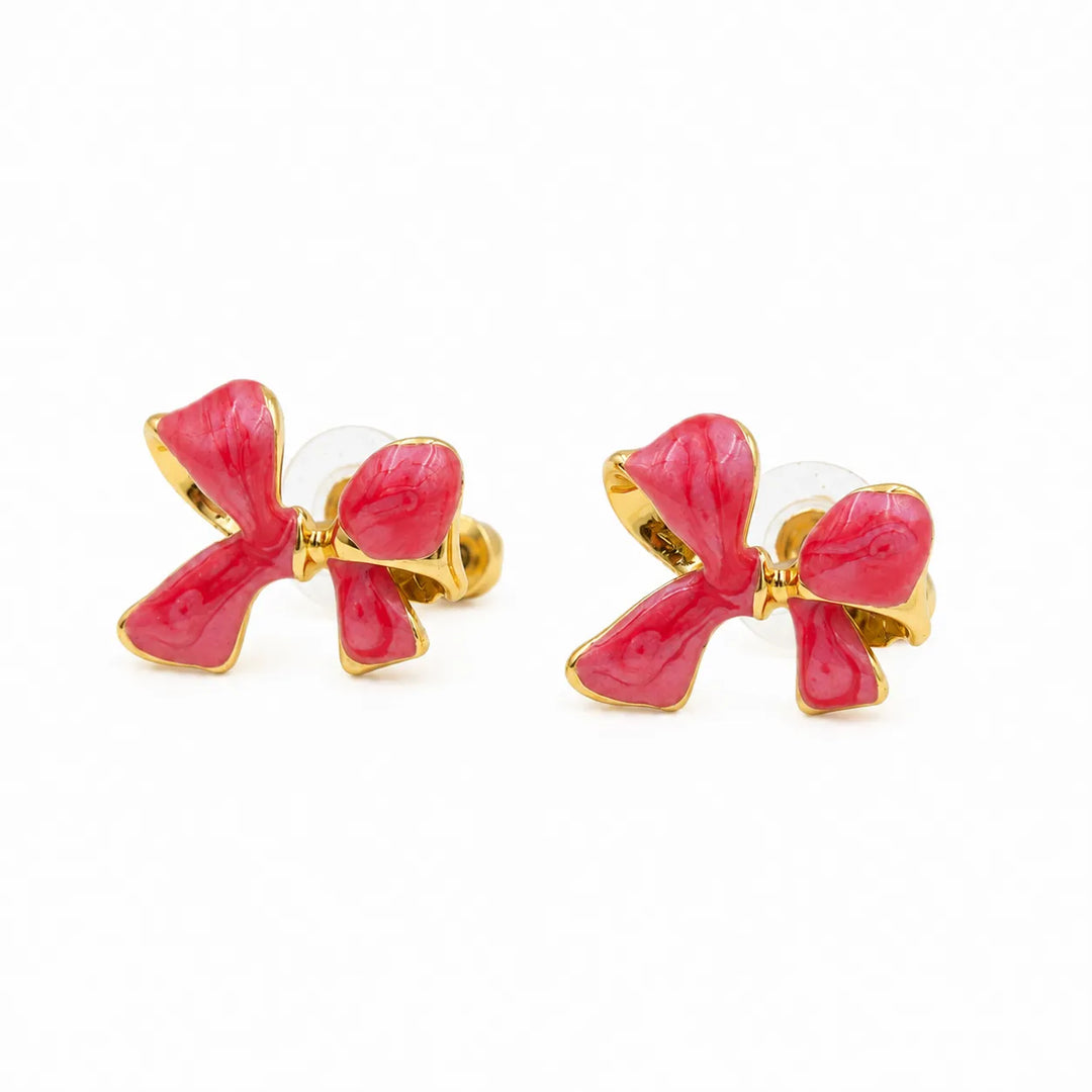 Hot Pink Enamel Bow Stud Earrings