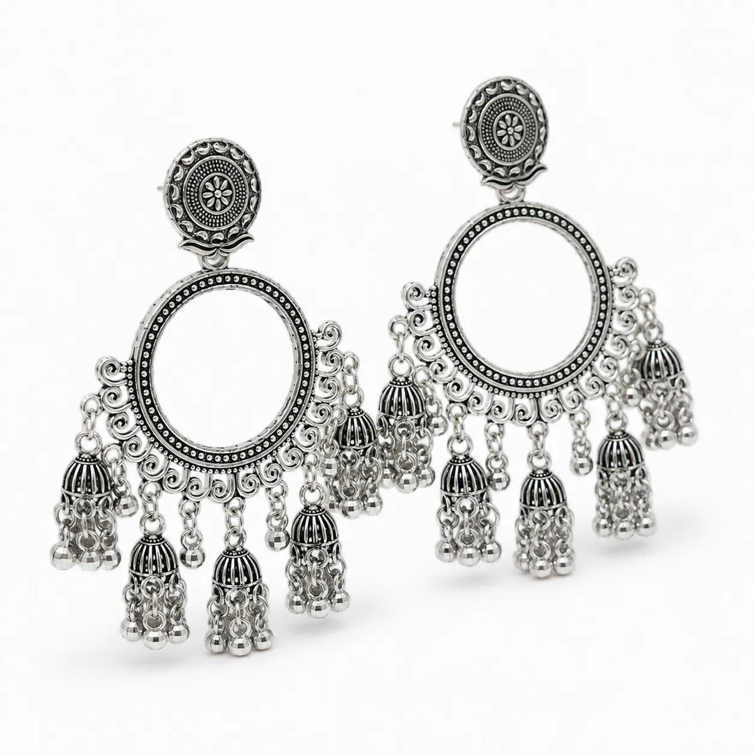 Silver Filigree Hoop Multi Jhumka Earrings