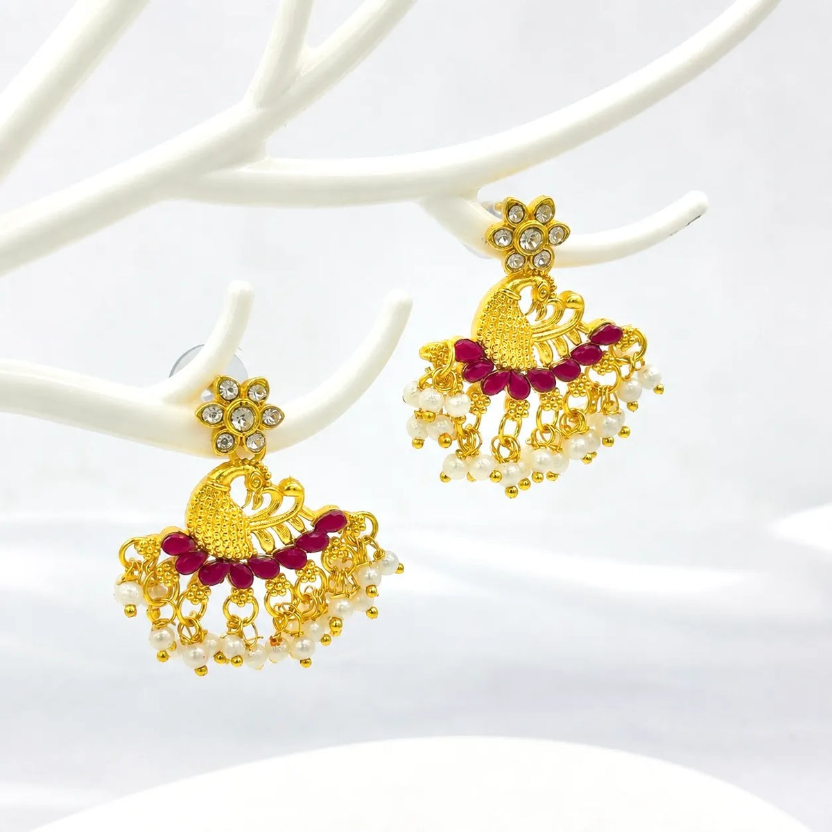 Peacock ruby pearl drop earrings