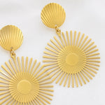 Load image into Gallery viewer, Golden Sunburst Disc Drop Earrings
