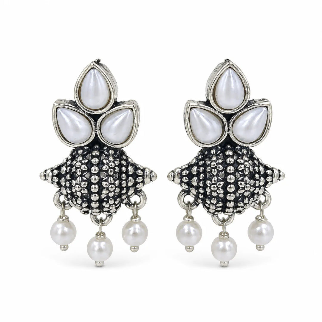 Oxidised Tri-Petal Dome Jhumka with Pearl Drops