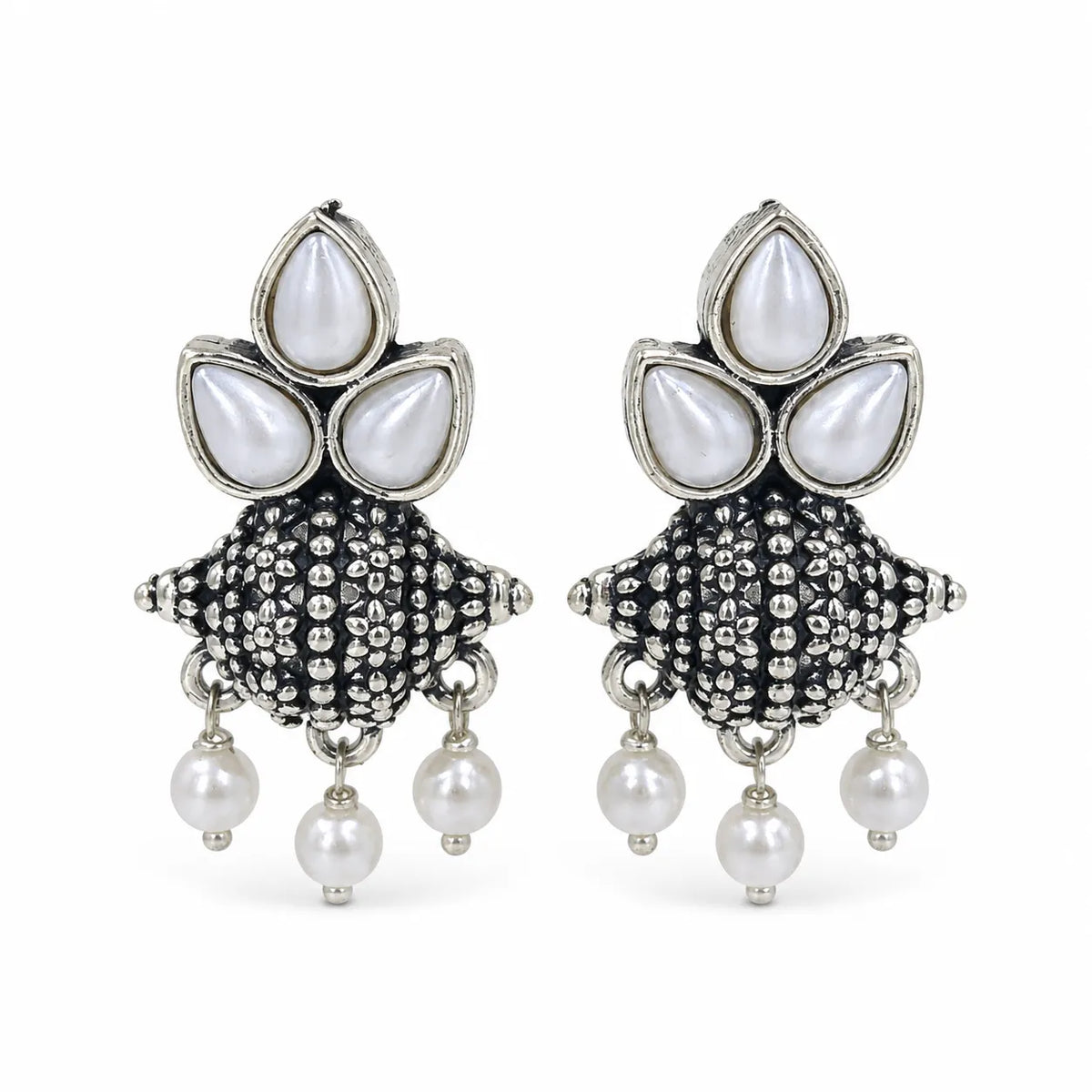 Oxidised tri petal dome jhumka with pearl drops