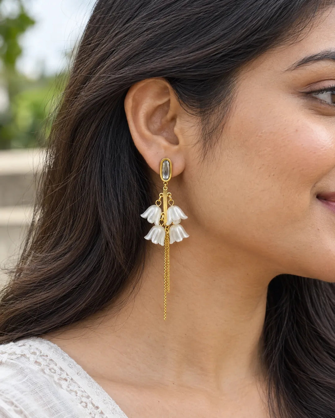 Grey CZ Gold Bar Bell Flower Tassel Drop Earrings