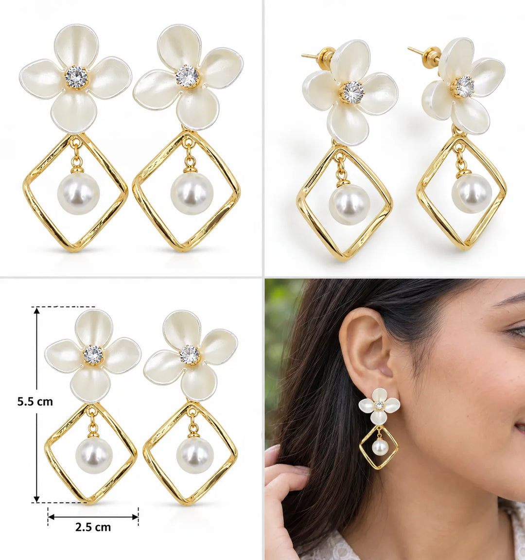 White Petal CZ Stud Pearl Diamond Drop Earrings