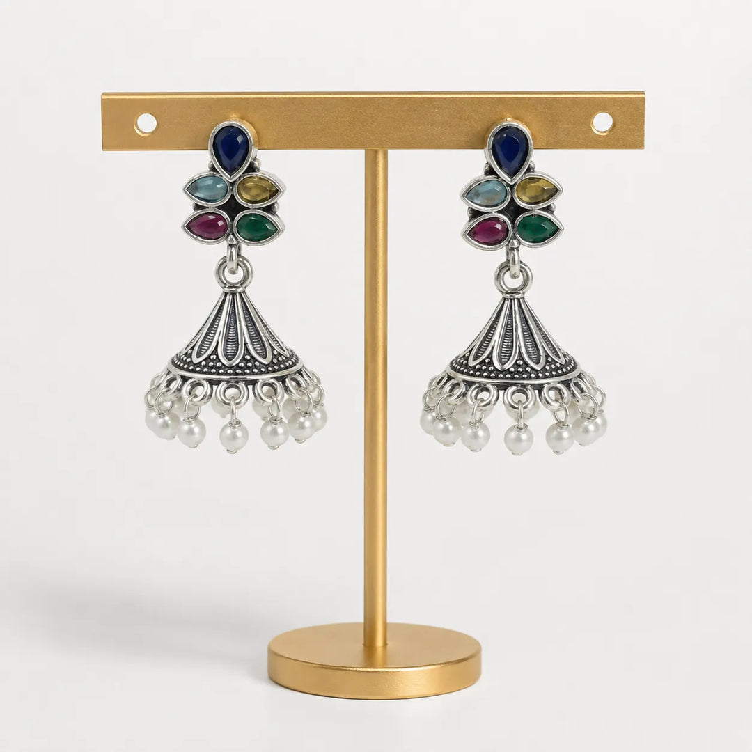 Oxidised Floral Top Bell Jhumka with Pearl Drops